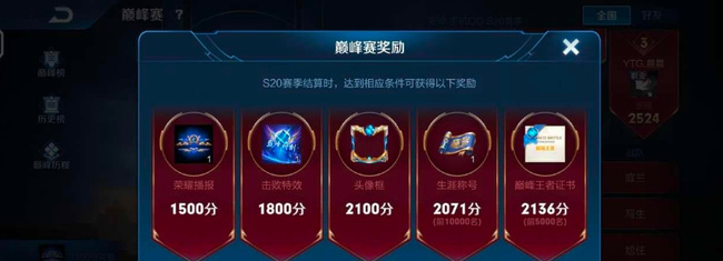 王者荣耀巅峰赛1500有什么奖励？