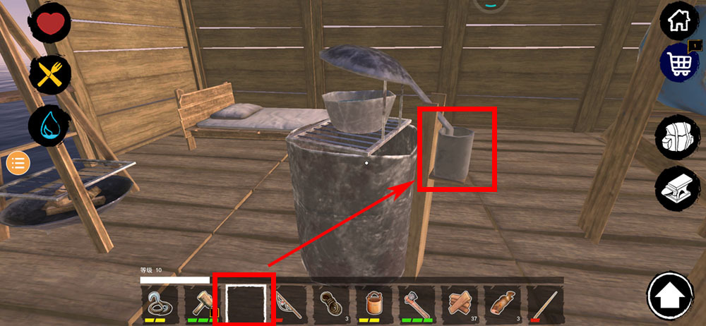 木筏求生怎么把杯子放进造水机？