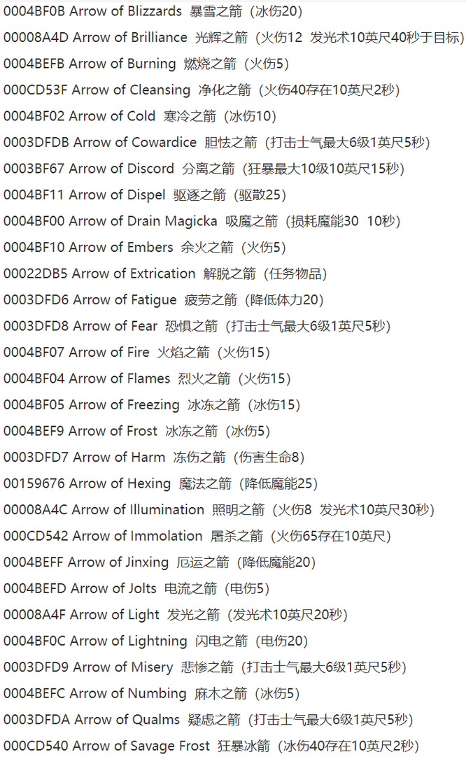 上古卷轴4：湮没弓箭代码是多少？