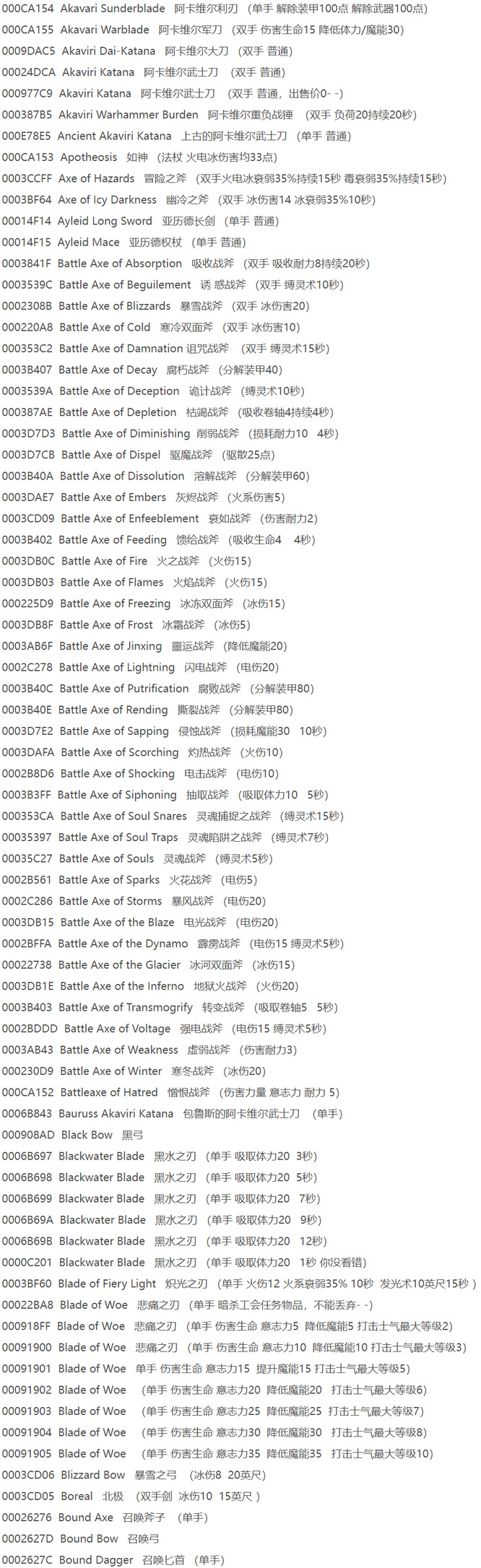 上古卷轴4全武器代码是多少？