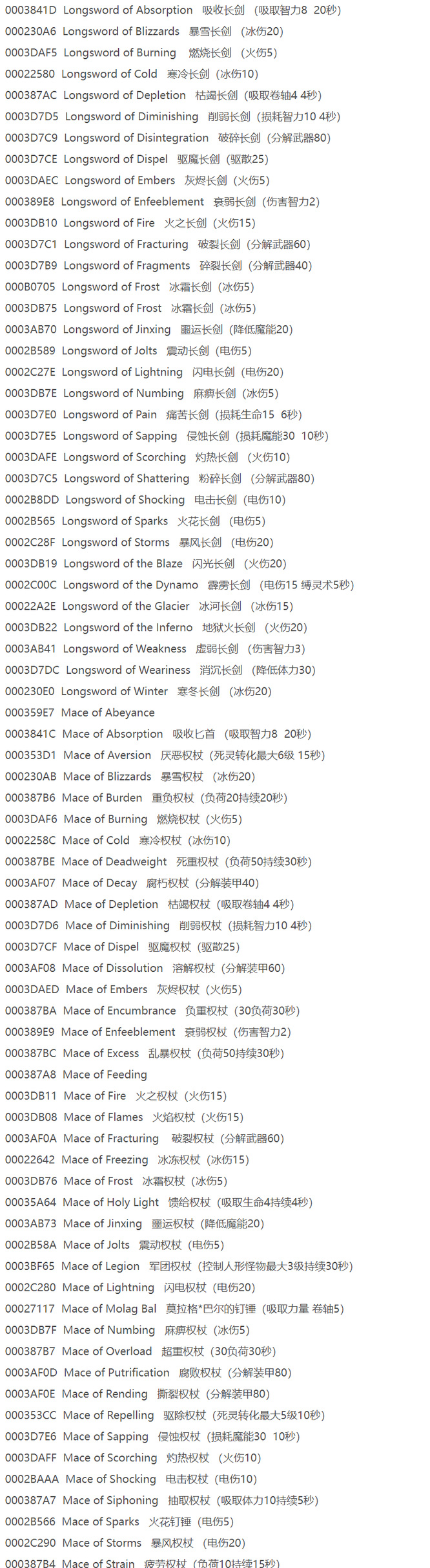 上古卷轴4全武器代码是多少？